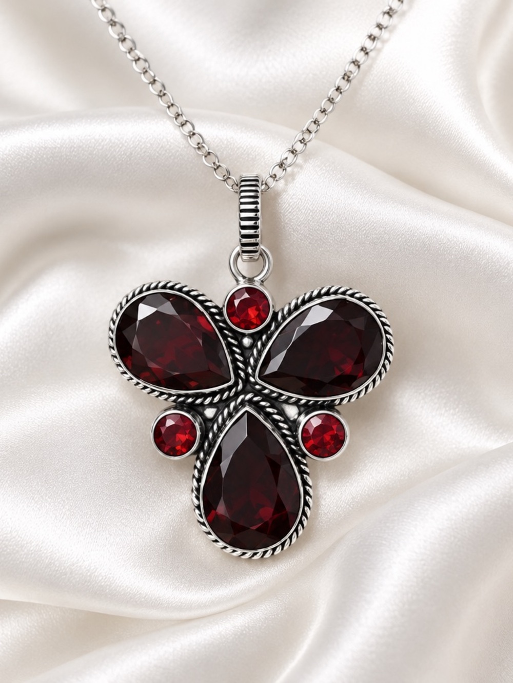 Sterling Silver Garnet Teardrop Pendant Necklace on 19”Chain
